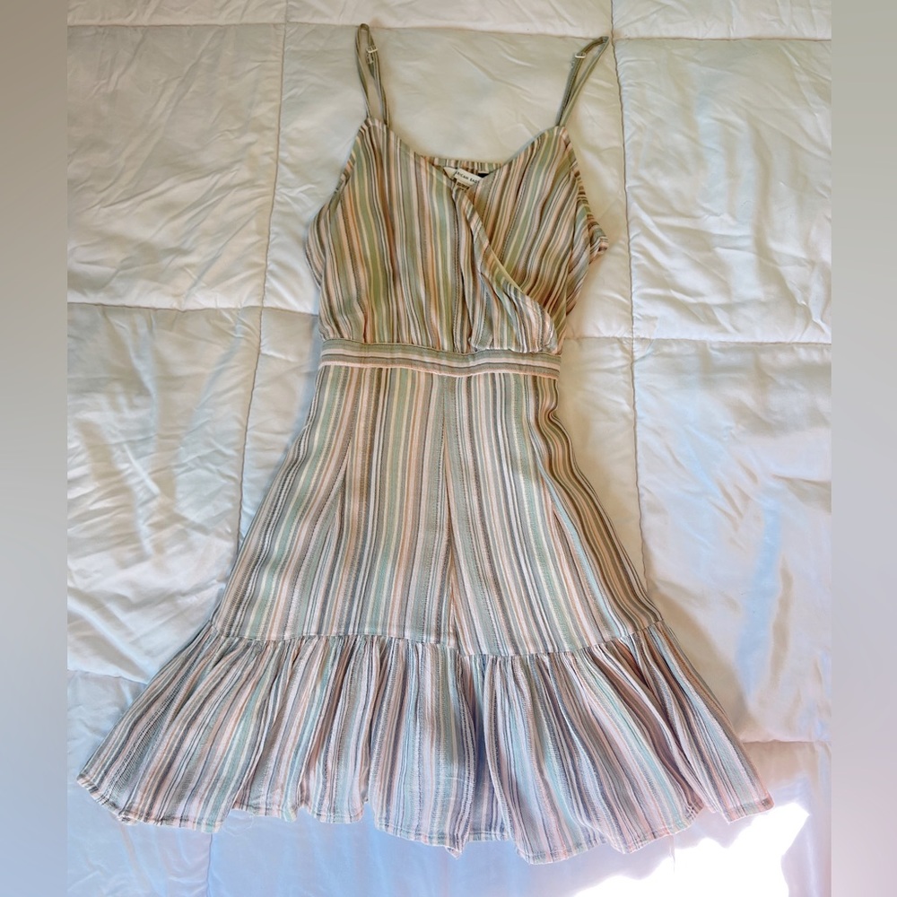 Pink, sage, and grey striped American Eagle romper